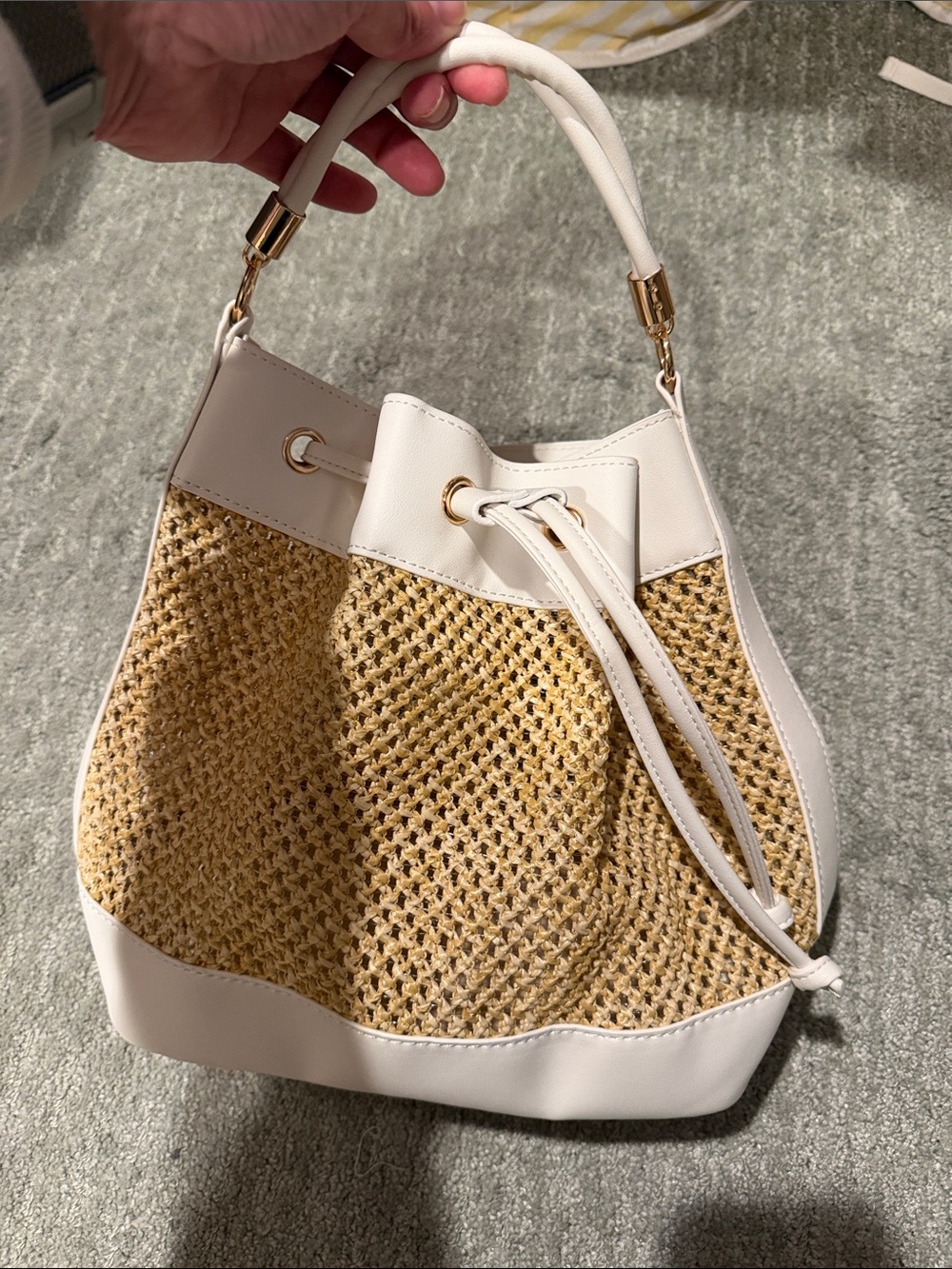 White & Natural Straw Drawstring Shoulder Bag